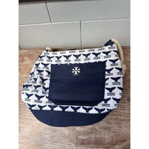 Tory Burch Navy Whale Print Canvas Hobo Shoulder Bag Rope Handle Summer Nautical